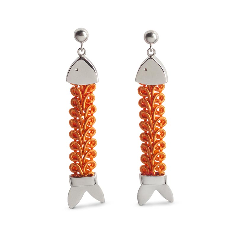 orecchini argento passamaneria nastri pendenti pesci arancione