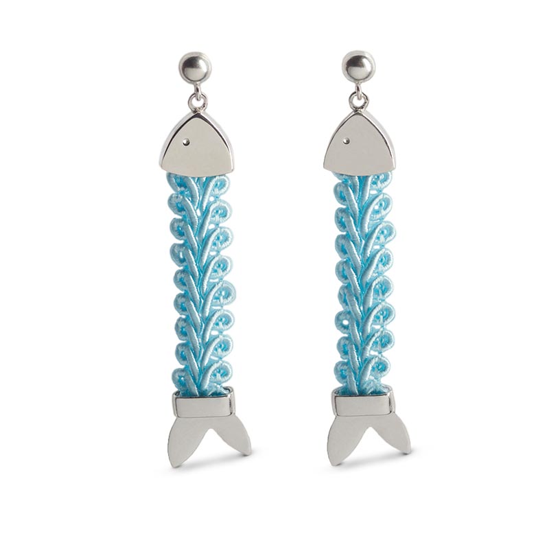 orecchini argento passamaneria nastri pendenti pesci azzurro 