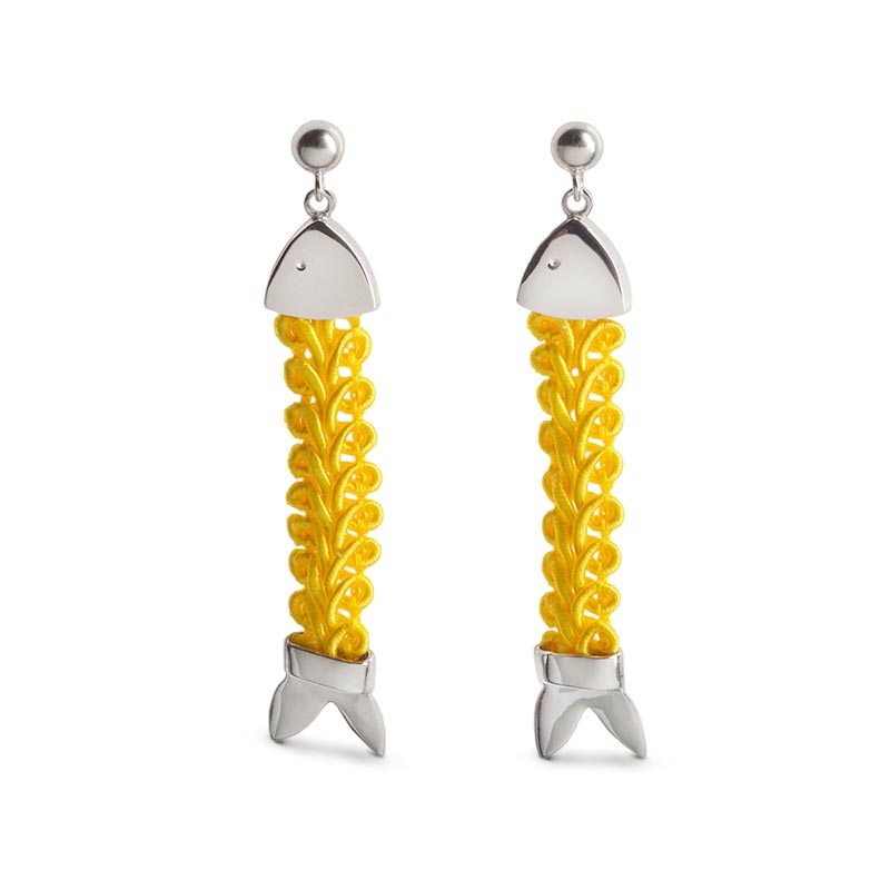 orecchini argento passamaneria nastri pendenti pesci giallo 