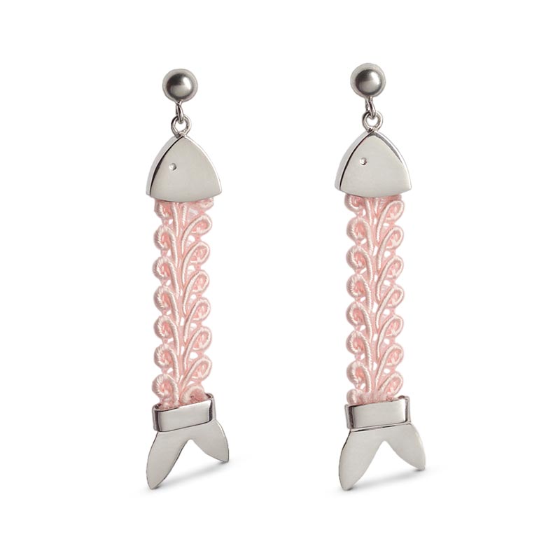 orecchini argento passamaneria tessuto pendenti pesci rosa 