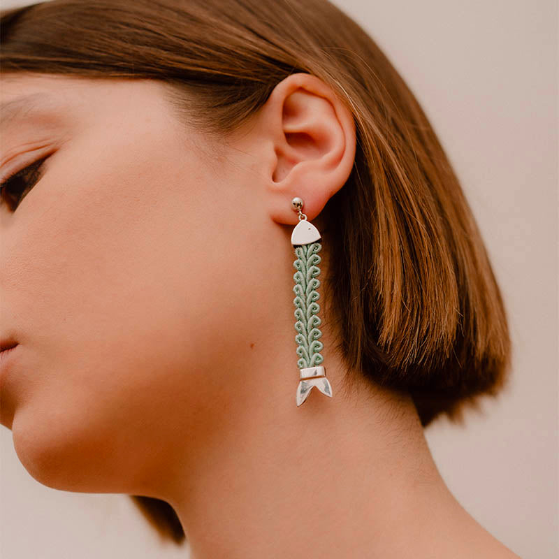 orecchini argento passamaneria nastro pendenti pesci turchese 