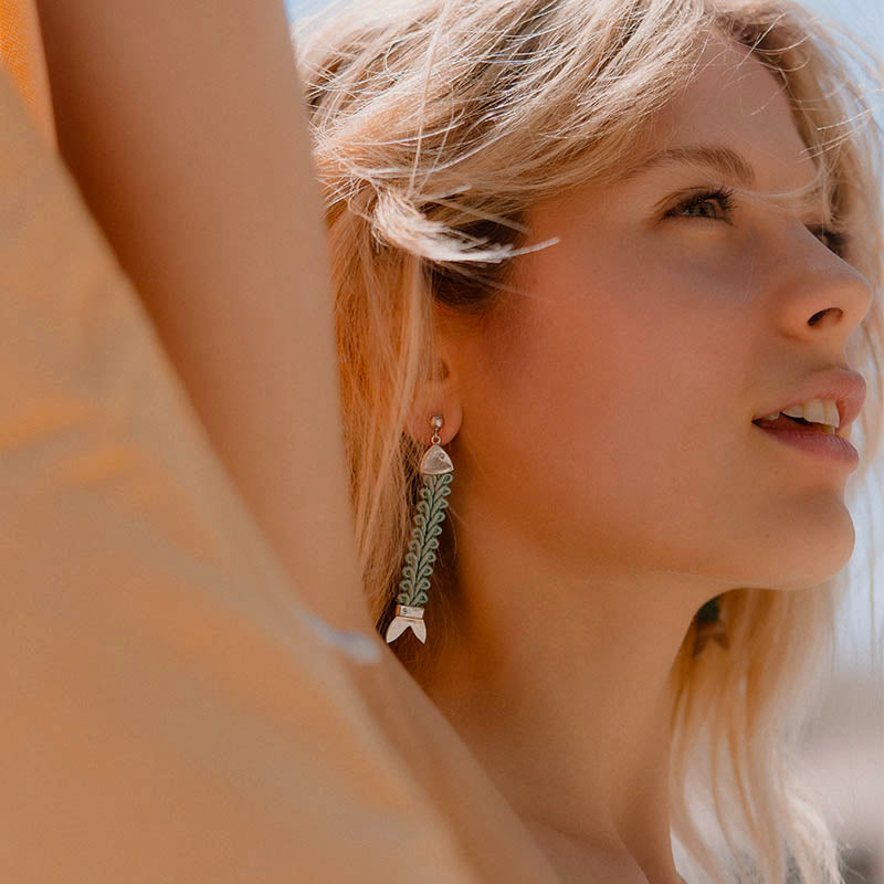 orecchini argento passamaneria tessuto pendenti pesci turchese 